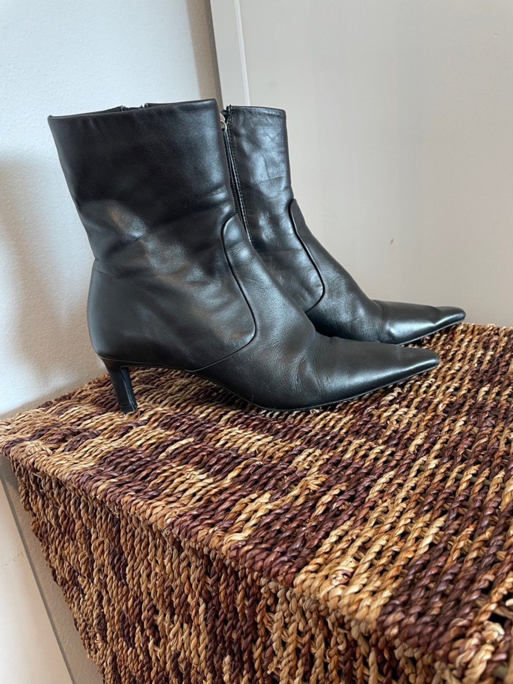 Black Pointed-Toe Leather Ankle Boots